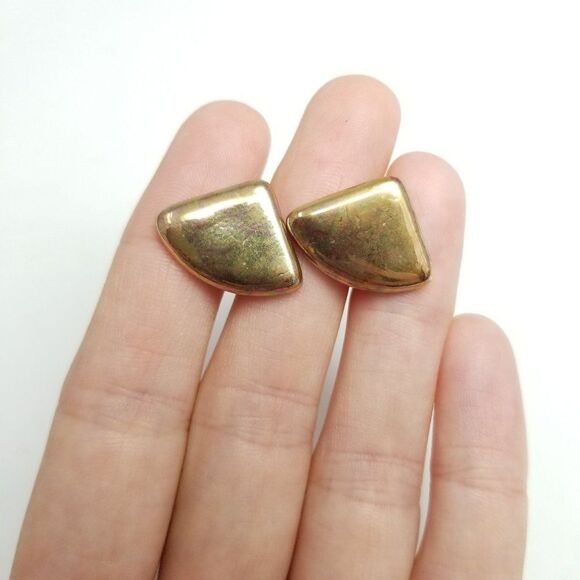 Vintage Gold Tone Triangle Shape Stud Earrings, Glazed Metallic Design, Estate - Picture 1 of 5